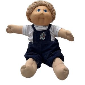 Vintage Cabbage Patch Kid Doll with Blue Eyes and‎ Blue Overalls Collectible Toy